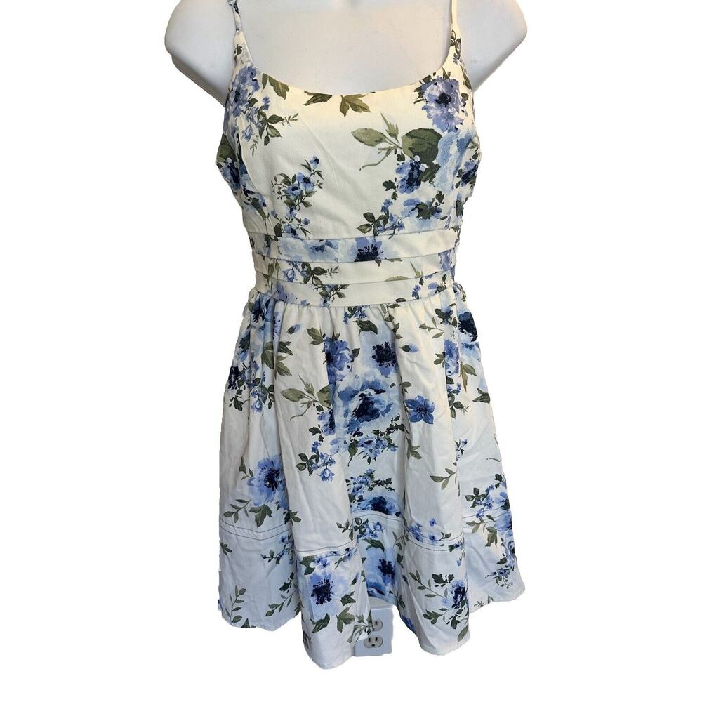 Mi Ami - Floral Dress White and Blue Cotton Blend Mini Garden Party Size S